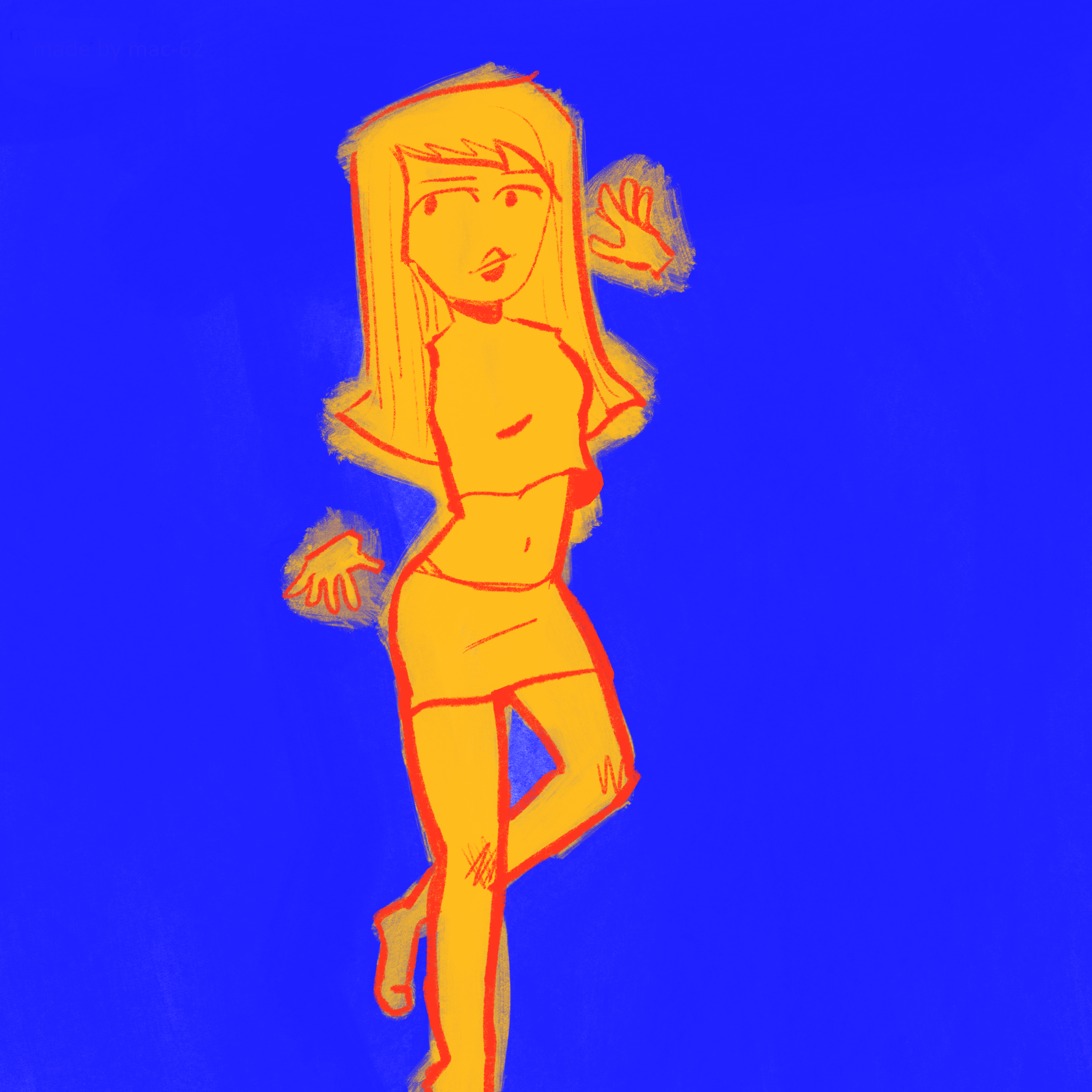 drawing of a yellow girl with red outlines. she has no arms, but she's dancing anyway. made by mac62