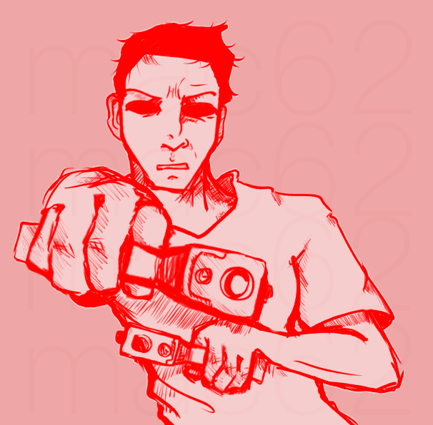 drawing of a red guy with two guns pointed directly at the camera. he looks irritated. made by mac62